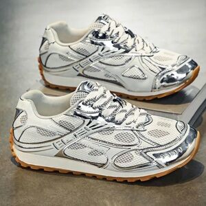 Bottega Veneta White and Silver Kids Sneakers with Gum Sole